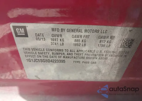 2013 Chevrolet Sonic Lt Auto из США, поврежденный, VIN 1G1JC5SG8D4223395